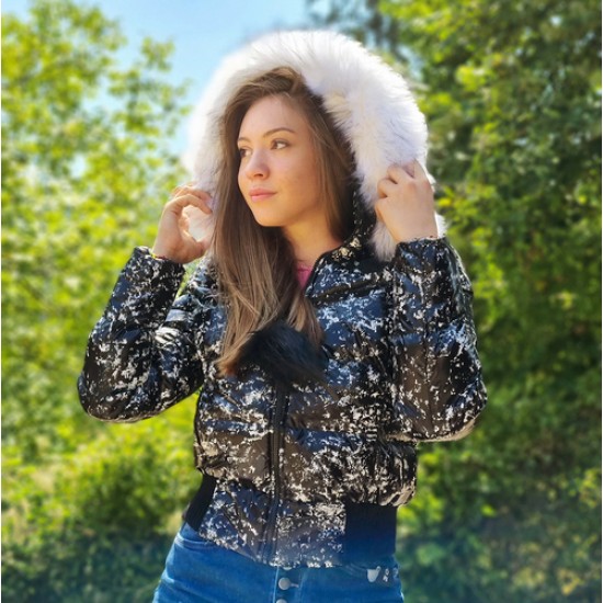 Дамско пухено яке с качулка, City Angels Jeans, черно бял лак, 6817